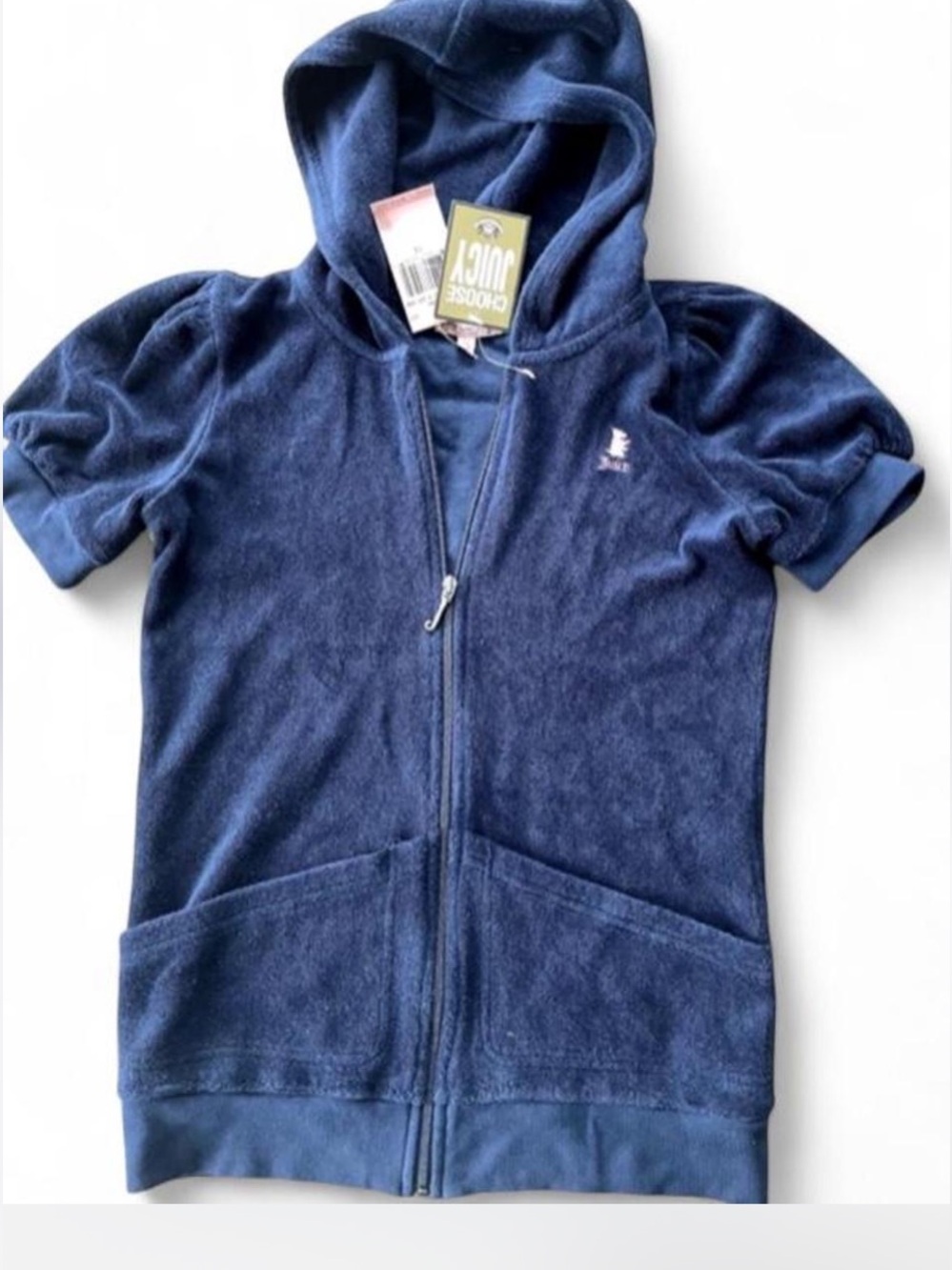 Juicy Couture women’s Junior Navy Short-Sleeve Hooded Zip-Up Sweatshirt Y2K
